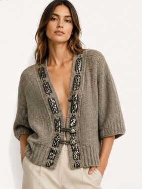BKE The Buckle Cardigan Sweater Lace Sequins Wool Sweater Gray